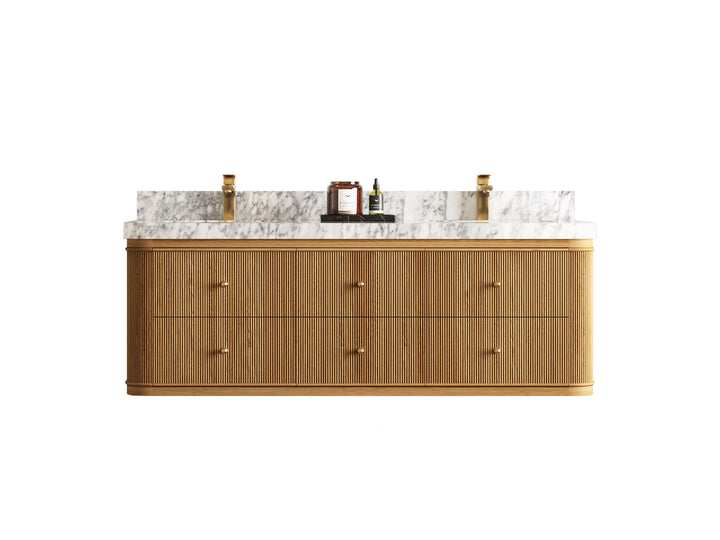 Hampton Floating Teak 60 in. W x 22 in. D Double Sink Bathroom Vanity (Light Natural) - photo 1