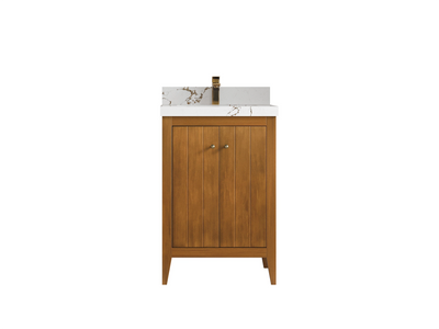 Atlanta Teak Wood 24-inch bathroom vanity with white veined countertop, front product view