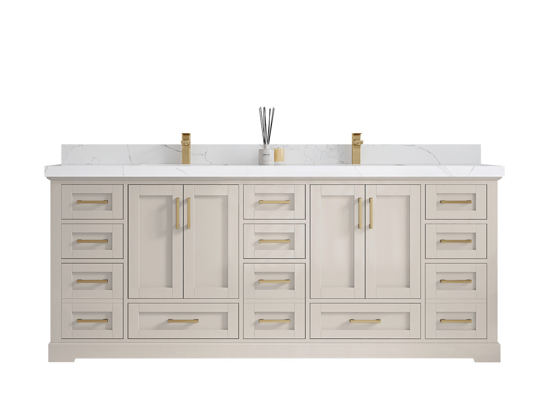 Boston 84 in. W x 22 in. D Double Sink Bathroom Vanity in Fine Grain with Countertop - Clear View