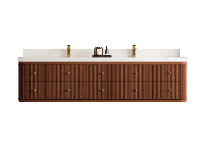 Hampton Floating Teak 84 in. W x 22 in. D Double Sink Bathroom Vanity (Dark Natural) - photo 1