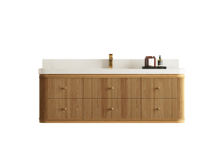 Hampton Floating Teak 60 in. W x 22 in. D Single Sink Bathroom Vanity (Light Natural) - photo 1