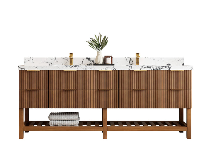 Catalina Teak 84 in W x 22 in D Free Standing Reeded Double Sink Bathroom Vanity - photo 1