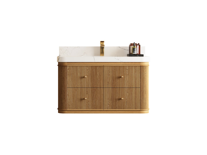 Hampton Floating Teak 36 in. W x 22 in. D Center Sink Bathroom Vanity (Light Natural) - photo 1