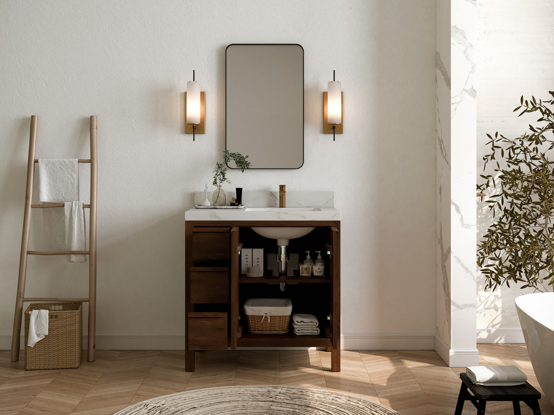Elizabeth Teak 36 Right Offset in. W x 22 in. D Single Sink Bathroom Vanity in Dark Walnut with Countertop - Side View Open Drawer