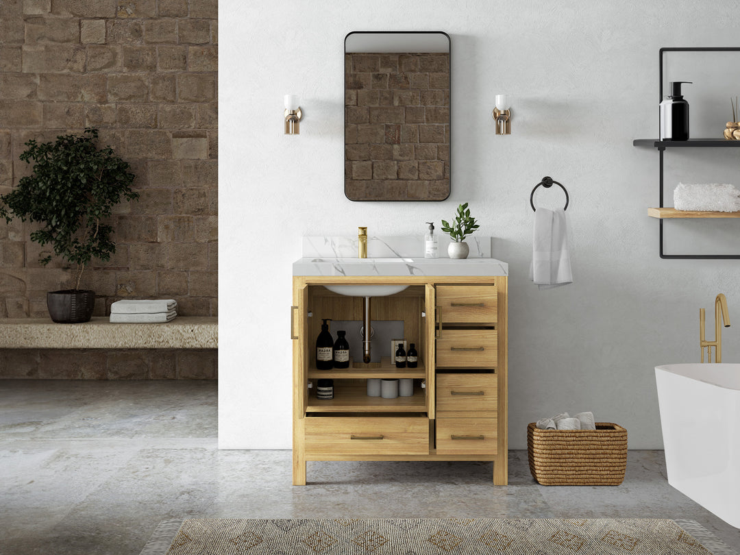 Malibu Teak Wood 36 in. W x 22 in. D Left Offset Sink Bathroom Vanity