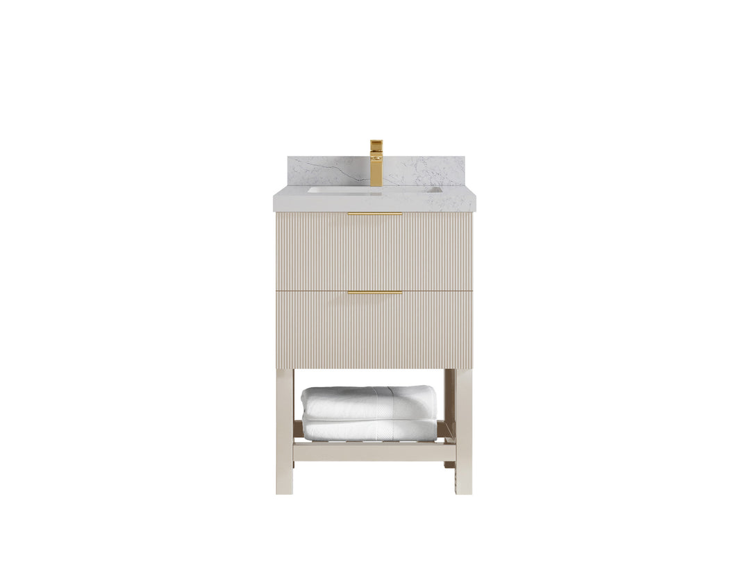 Catalina 24 in. W x 22 in. D Single Sink Bathroom Vanity in Fine Grain with 1.5 in Double Cove Edge Carrara Marble Countertop - Top View