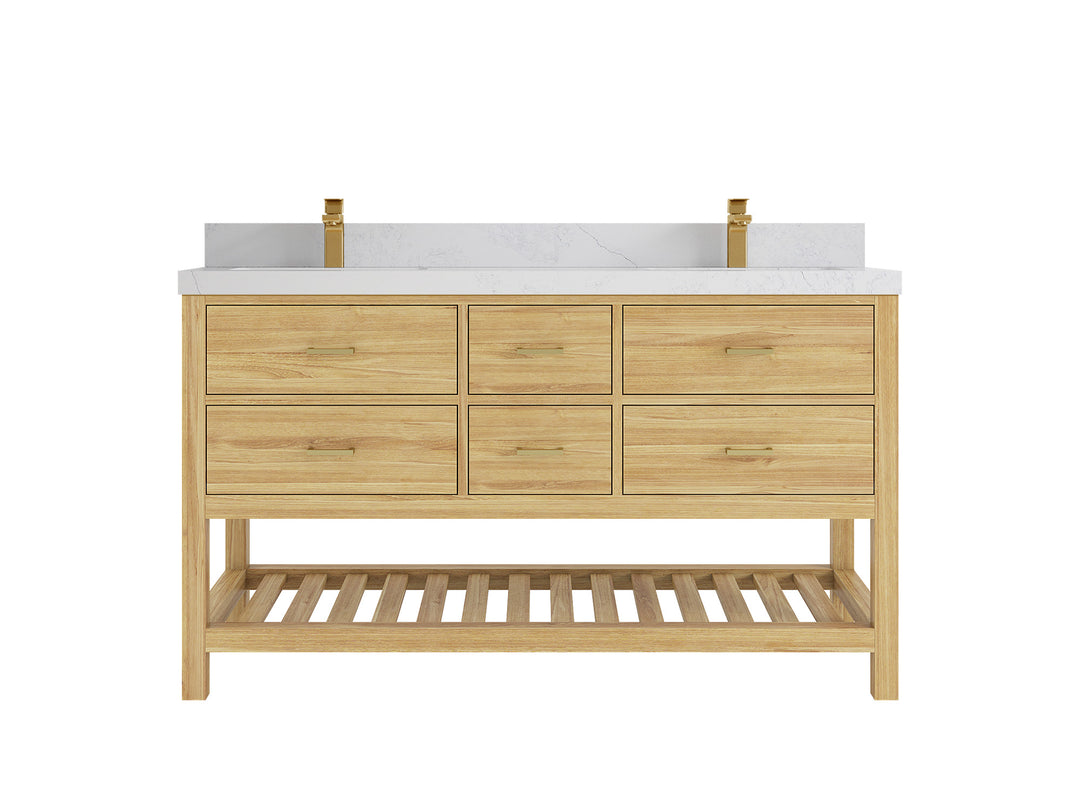 Parker Teak 60 in. W x 22 in. D Double Sink Bathroom Vanity in Light Natural with Countertop - Clear View 