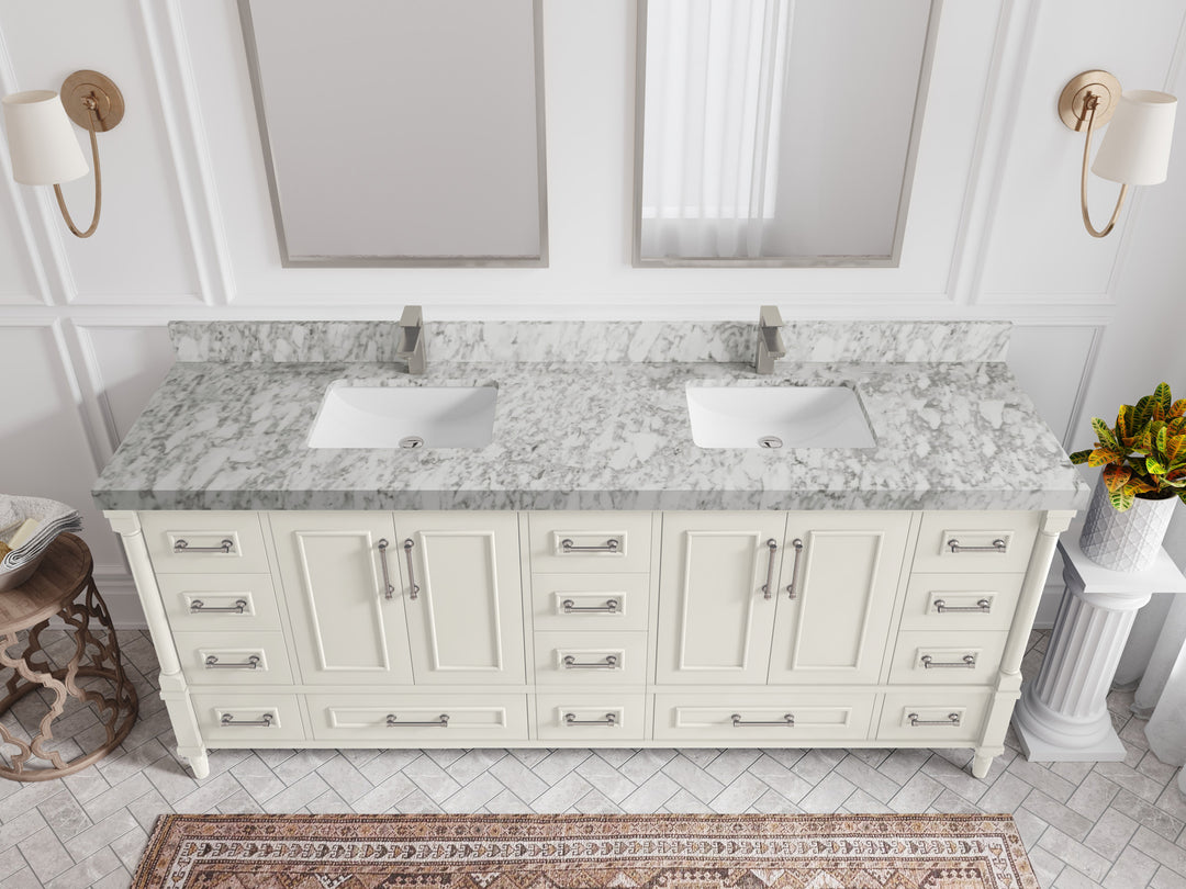 Aberdeen 80 in. W x 22 in. D Double Sink Bathroom Vanity in Alabaster with 2 in. Carrara Marble Countertop - Top View 