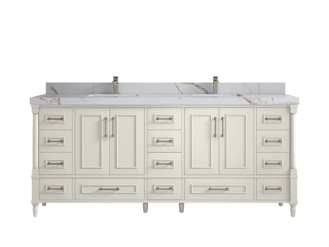 Aberdeen 80 in. W x 22 in. D Double Sink Bathroom Vanity in Alabaster with 2 in. Calacatta Gold Quartz Countertop