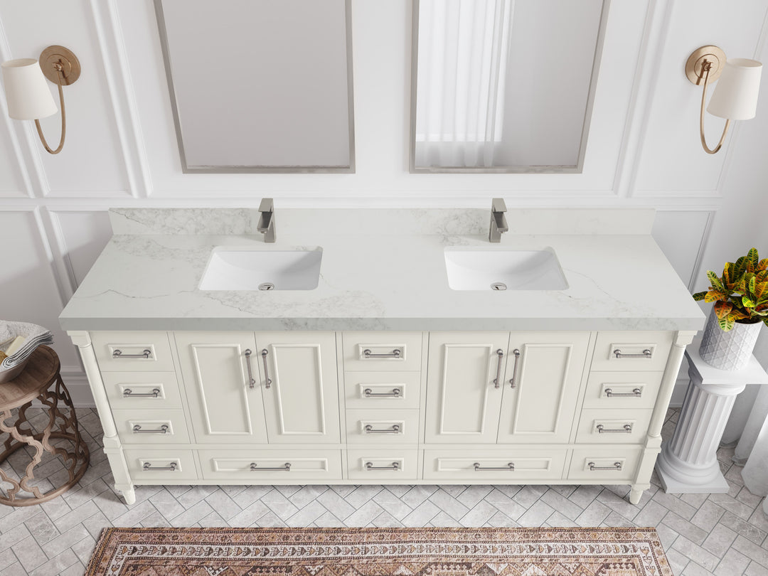 Aberdeen 80 in. W x 22 in. D Double Sink Bathroom Vanity in Alabaster with 2 in. Calacatta Nuvo Quartz Countertop - Top View 