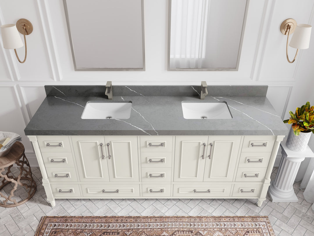 Aberdeen 80 in. W x 22 in. D Double Sink Bathroom Vanity in Alabaster with 2 in. Piatra Gray Quartz Countertop - Top View 