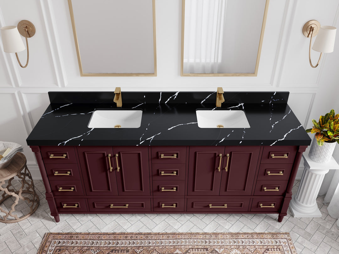 Aberdeen 80 in. W x 22 in. D Double Sink Bathroom Vanity in Blue Heather with 2 in. Calacatta Black Quartz Countertop - Top View