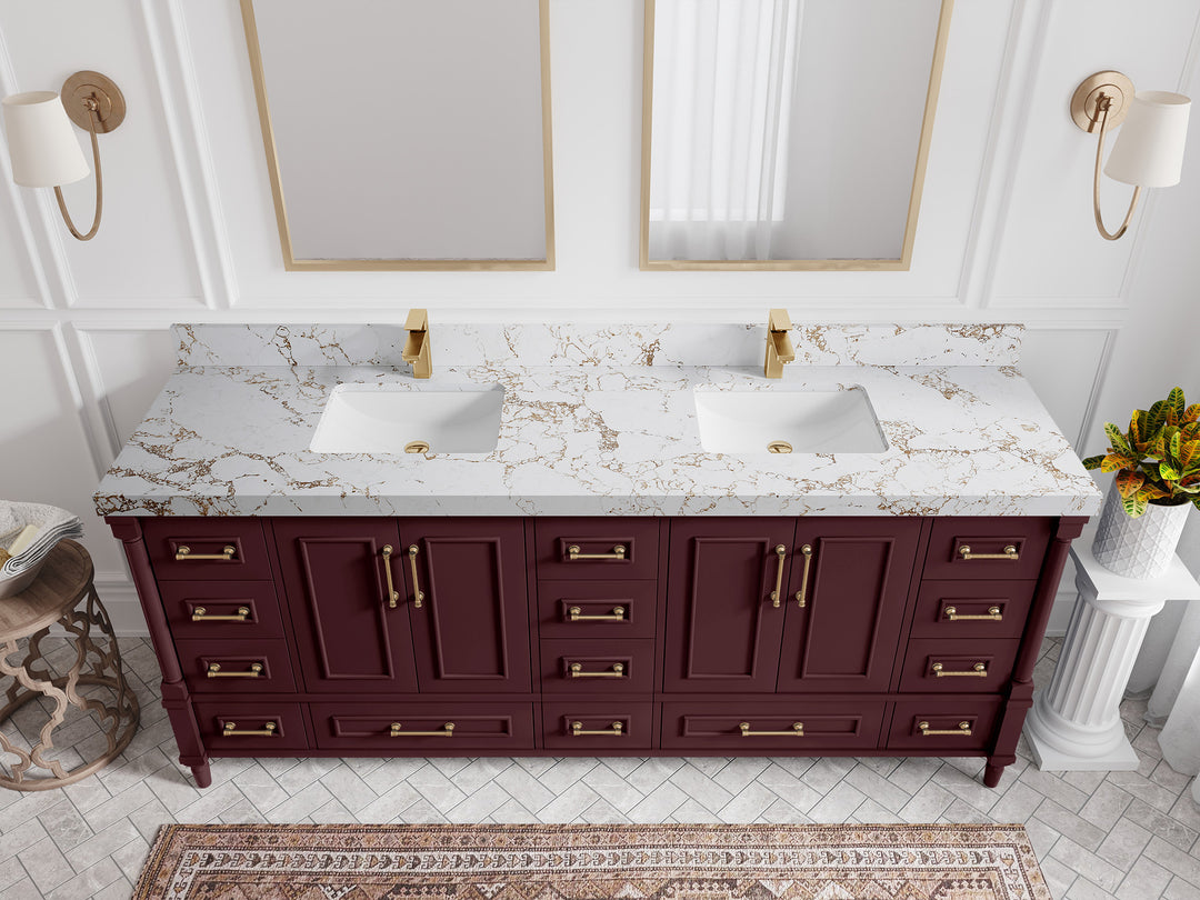 Aberdeen 80 in. W x 22 in. D Double Sink Bathroom Vanity in Blue Heather with 2 in. Viola Gold Quartz Countertop - Top View 