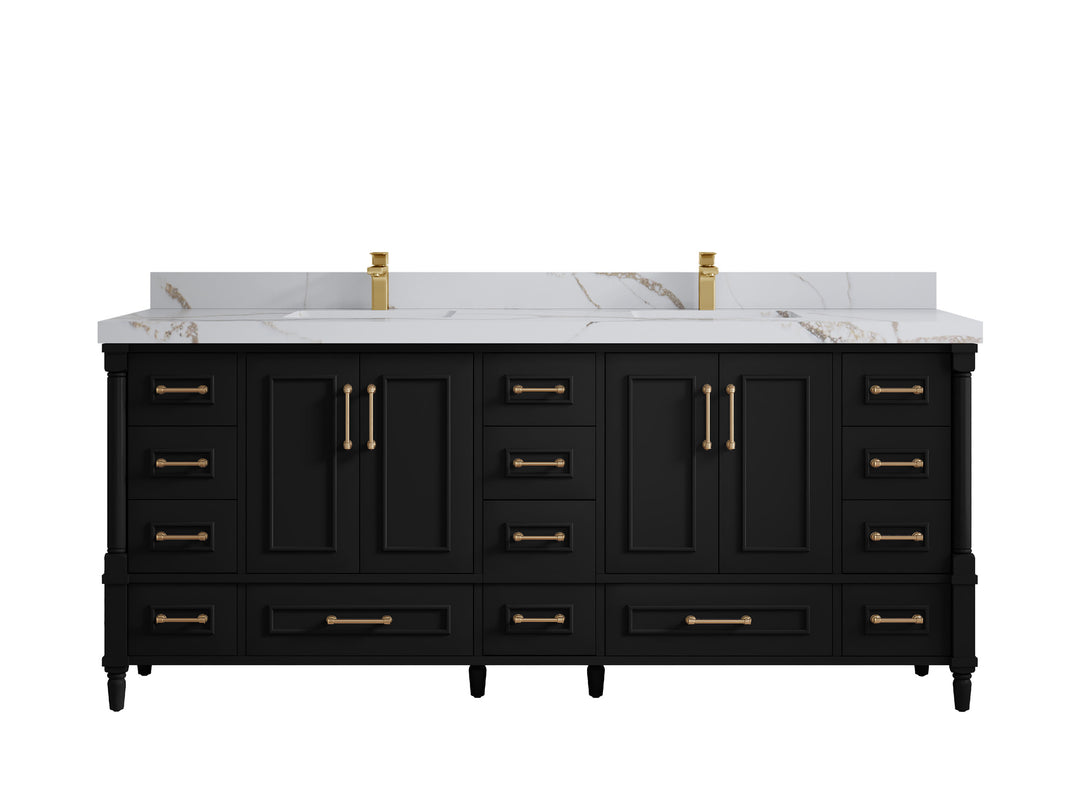 Aberdeen 80 in. W x 22 in. D Double Sink Bathroom Vanity in Black with 2 in. Calacatta Gold Quartz Countertop