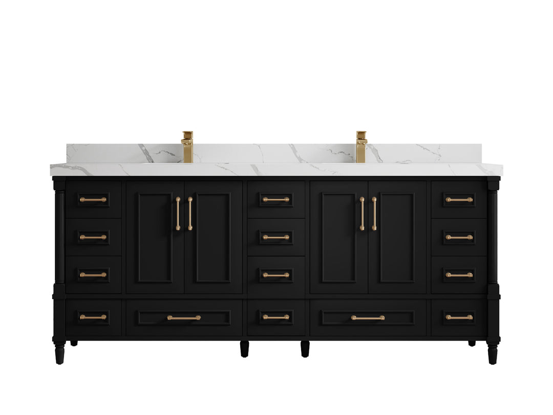 Aberdeen 80 in. W x 22 in. D Double Sink Bathroom Vanity in Black with 2 in. Calacatta Laza Quartz Countertop