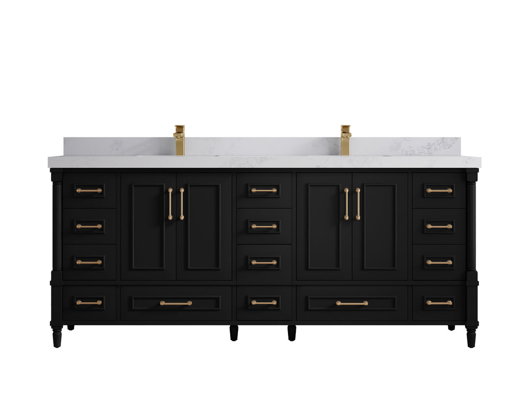 Aberdeen 80 in. W x 22 in. D Double Sink Bathroom Vanity in Black with 2 in. Calacatta Nuvo Quartz Countertop