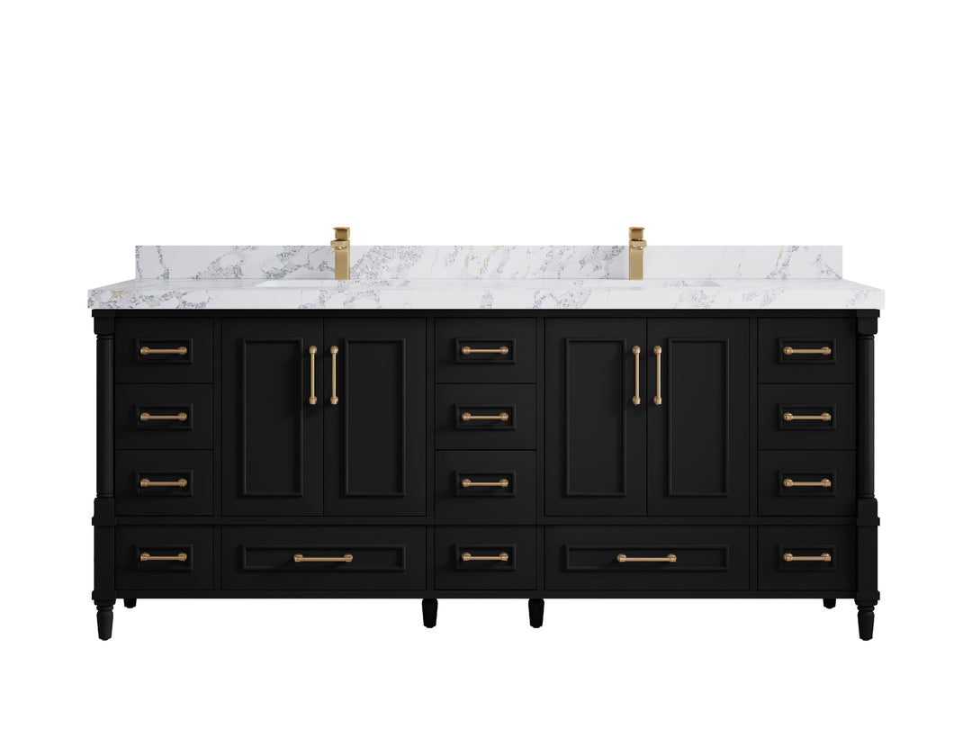 Aberdeen 80 in. W x 22 in. D Double Sink Bathroom Vanity in Black with 2 in. Calacatta Poanazzo Quartz Countertop