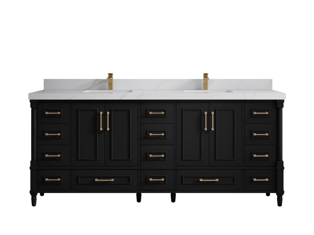 Aberdeen 80 in. W x 22 in. D Double Sink Bathroom Vanity in Black with 2 in. Calacatta Sienna Quartz Countertop