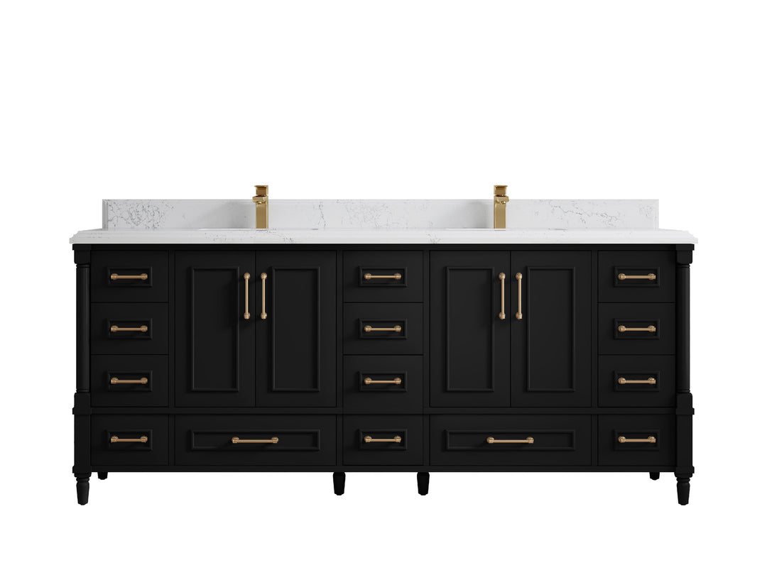 Aberdeen 80 in. W x 22 in. D Double Sink Bathroom Vanity in Black with Double Cove Edge 1.5 in Empira White Quartz Countertop