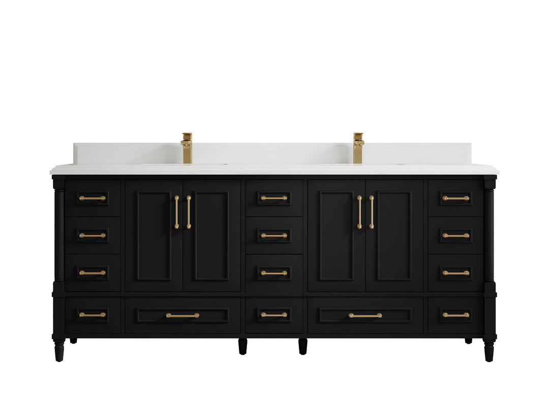 Aberdeen 80 in. W x 22 in. D Double Sink Bathroom Vanity in Black with Double Cove Edge 1.5 in White Quartz Countertop