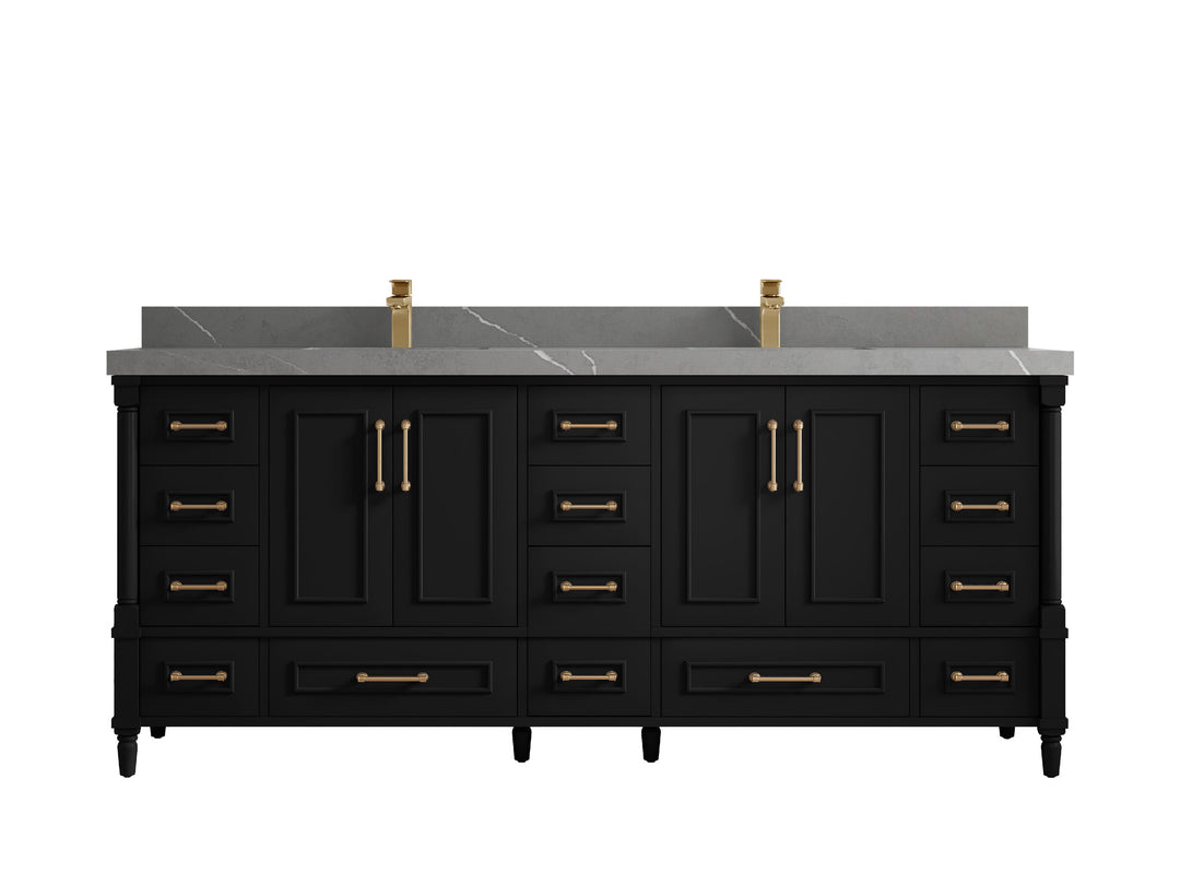 Aberdeen 80 in. W x 22 in. D Double Sink Bathroom Vanity in Black with 2 in. Piatra Gray Quartz Countertop