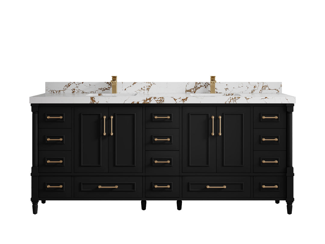 Aberdeen 80 in. W x 22 in. D Double Sink Bathroom Vanity in Black with 2 in. Viola Brown Quartz Countertop