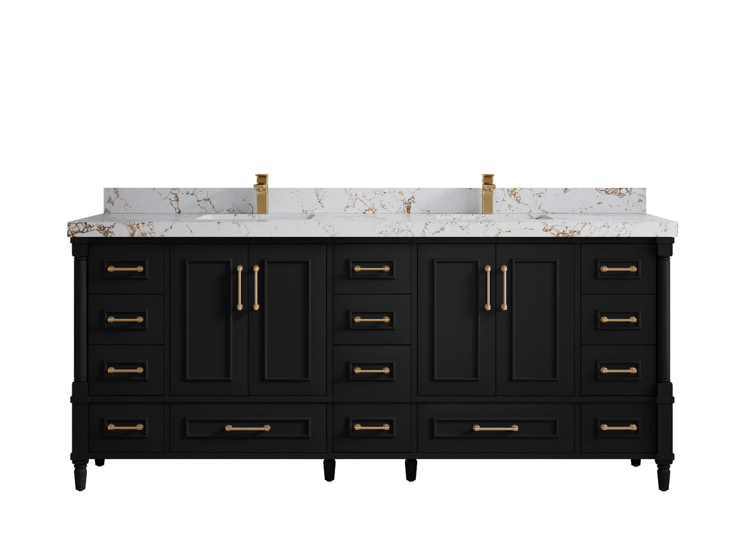 Aberdeen 80 in. W x 22 in. D Double Sink Bathroom Vanity in Black with 2 in. Viola Gold Quartz Countertop