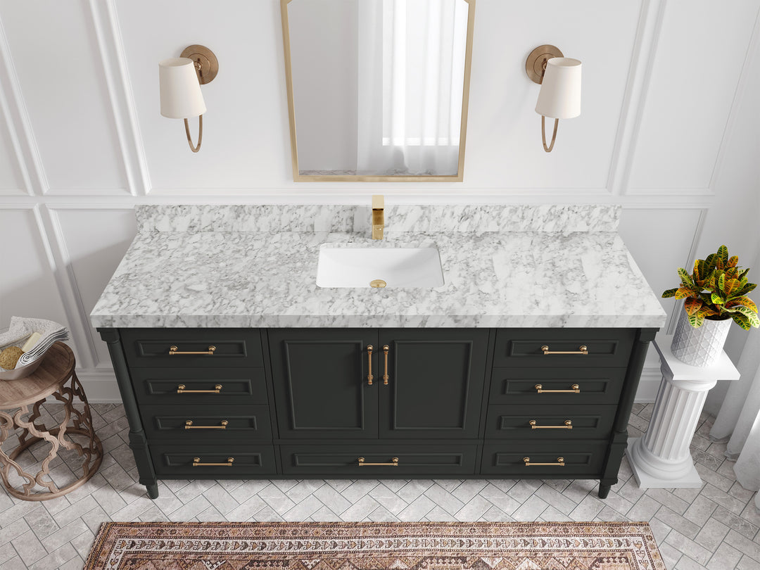 Aberdeen 72 in. W x 22 in. D Single Sink Bathroom Vanity in Black Top with 2 in Carrara Marble Countertop - Top View