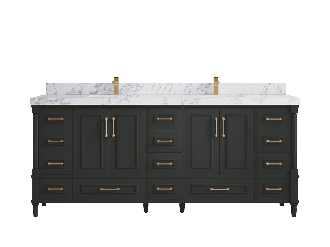 Aberdeen 80 in. W x 22 in. D Double Sink Bathroom Vanity in Black Top with 2 in. Calacatta Poanazzo Quartz Countertop