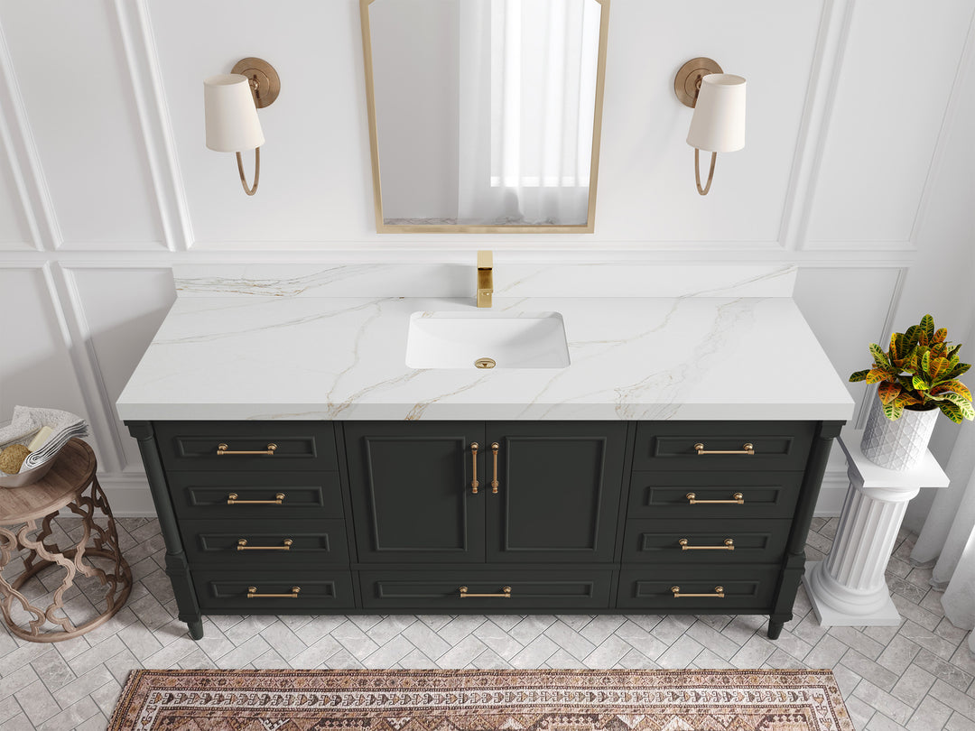 Aberdeen 72 in. W x 22 in. D Single Sink Bathroom Vanity in Black Top with 2 in Calacatta Sienna Quartz Countertop - Top View