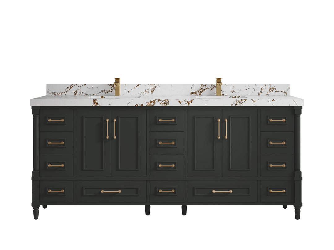 Aberdeen 80 in. W x 22 in. D Double Sink Bathroom Vanity in Black Top with 2 in. Viola Brown Quartz Countertop