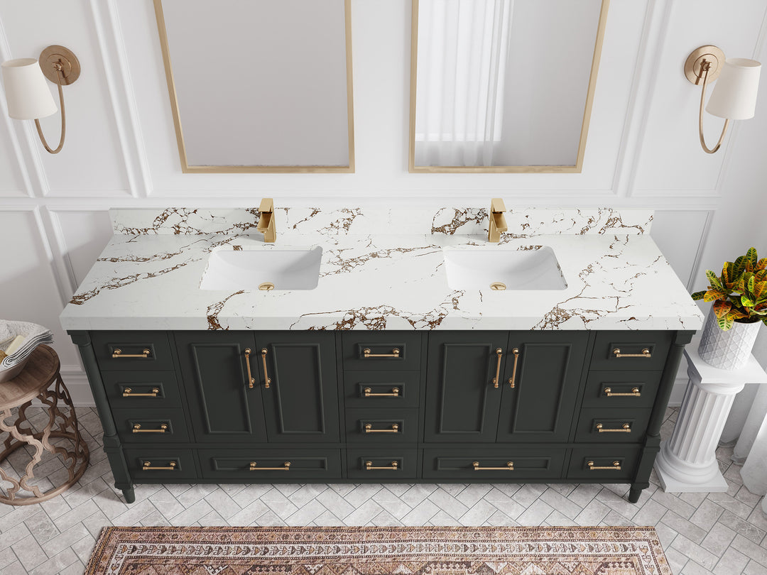 Aberdeen 80 in. W x 22 in. D Double Sink Bathroom Vanity in Black Top with 2 in. Viola Brown Quartz Countertop - Top View 