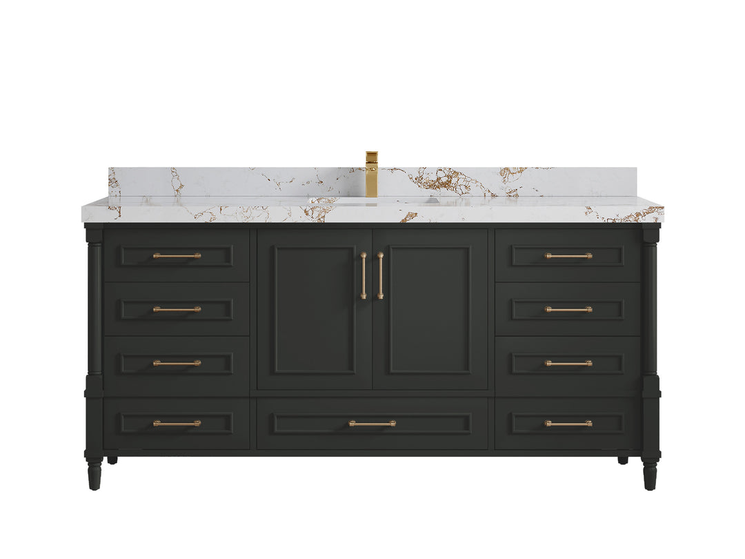 Aberdeen 72 in. W x 22 in. D Single Sink Bathroom Vanity in Black Top with 2 in Viola Gold Quartz Countertop 