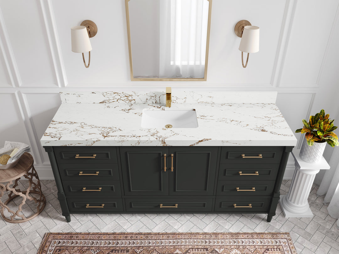 Aberdeen 72 in. W x 22 in. D Single Sink Bathroom Vanity in Black Top with 2 in Viola Gold Quartz Countertop - Top View