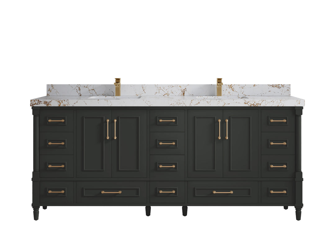 Aberdeen 80 in. W x 22 in. D Double Sink Bathroom Vanity in Black Top with 2 in. Viola Gold Quartz Countertop