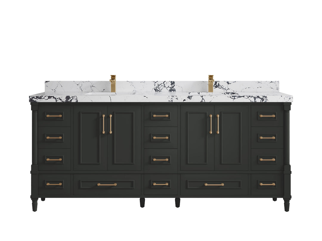 Aberdeen 80 in. W x 22 in. D Double Sink Bathroom Vanity in Black Top with 2 in. Viola Night Quartz Countertop