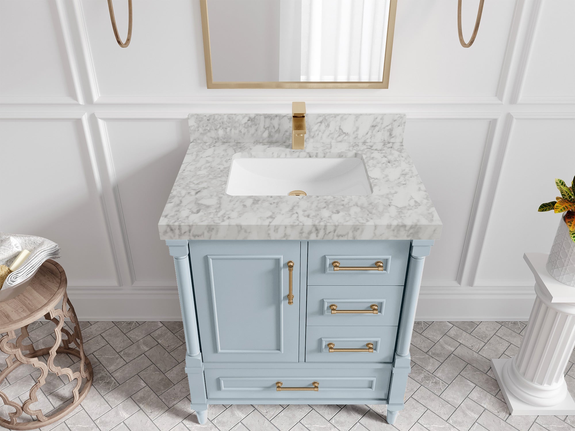Aberdeen 30-inch Blue Heather single-sink bathroom vanity with Carrara marble countertop, angled top view