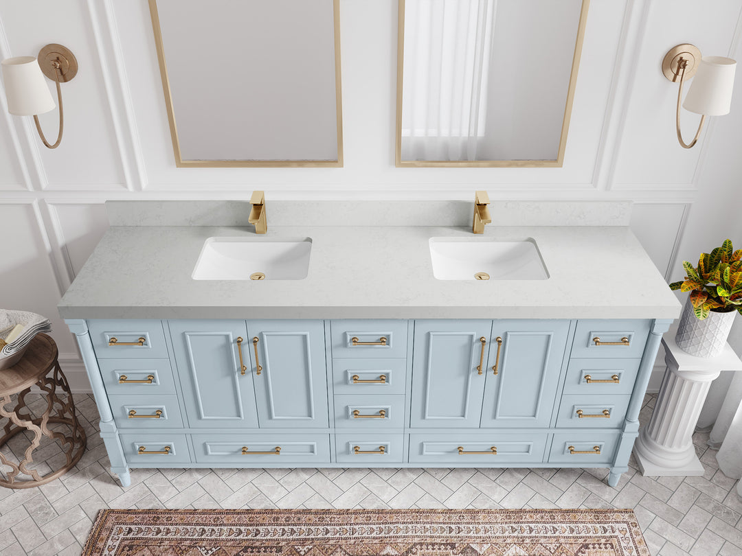 Aberdeen 80 in. W x 22 in. D Double Sink Bathroom Vanity in Blue Heather with 2 in. Carrara Quartz Countertop - Top View 