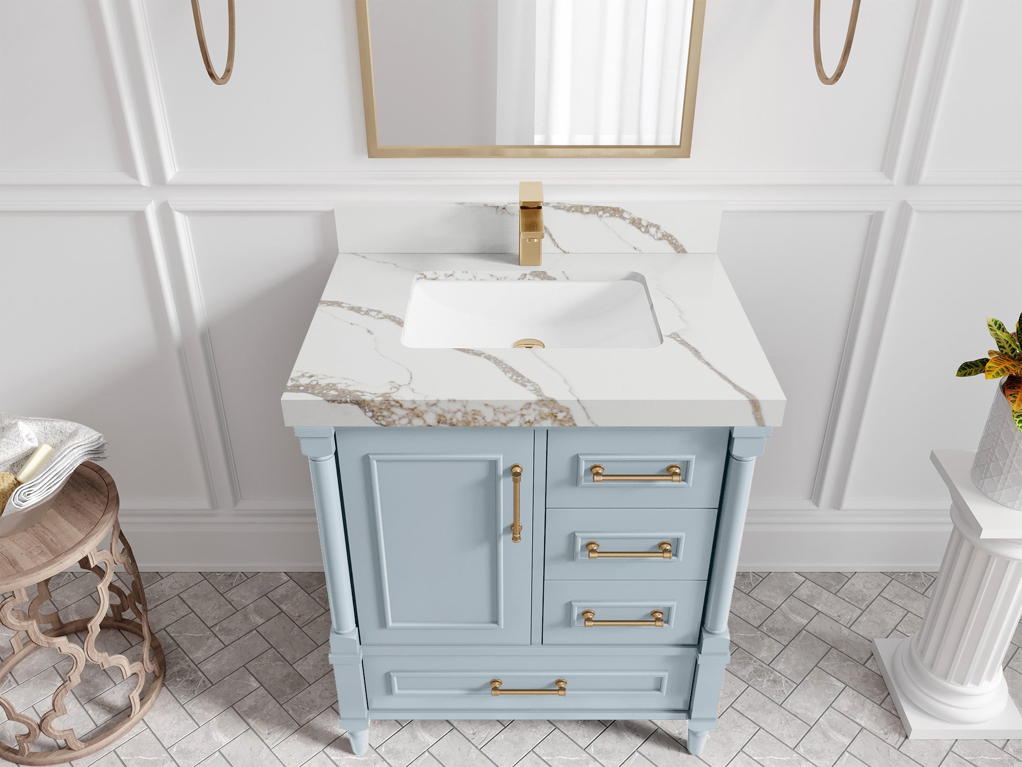 Aberdeen 30-inch Blue Heather single-sink bathroom vanity with Calacatta Gold quartz countertop, angled top view