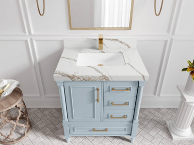 Aberdeen 30-inch Blue Heather single-sink bathroom vanity with Calacatta Gold quartz countertop, angled top view