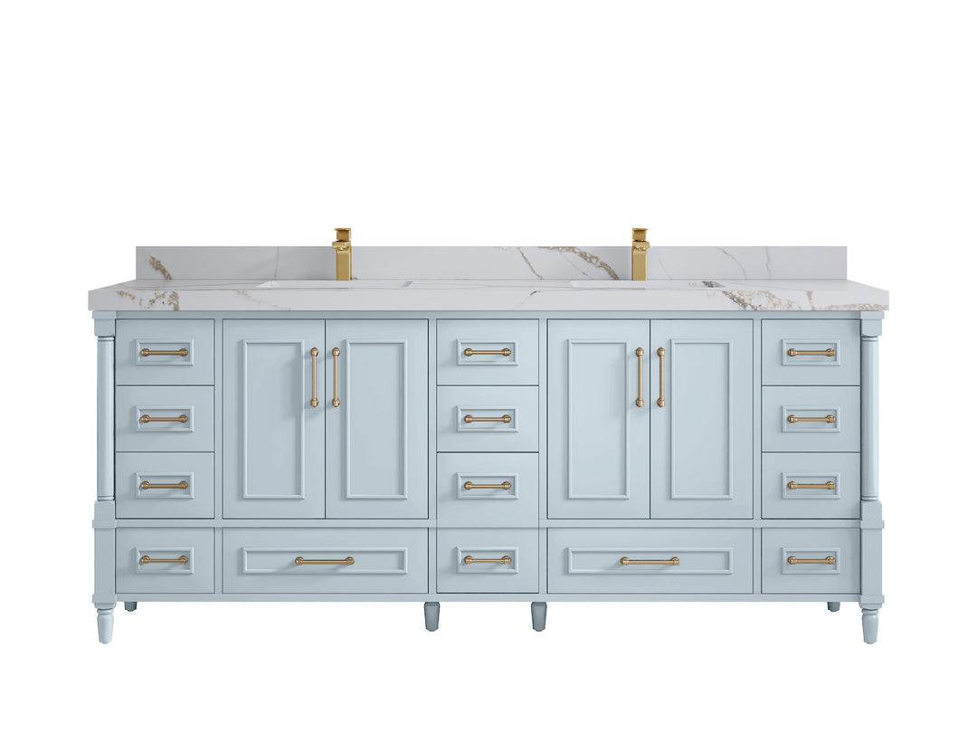 Aberdeen 80 in. W x 22 in. D Double Sink Bathroom Vanity in Blue Heather with 2 in. Calacatta Gold Quartz Countertop
