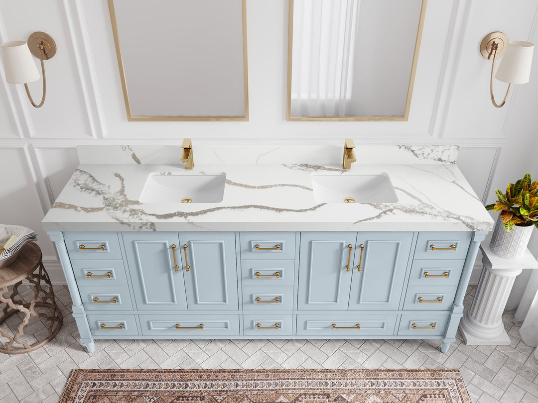 Aberdeen 80 in. W x 22 in. D Double Sink Bathroom Vanity in Blue Heather with 2 in. Calacatta Gold Quartz Countertop - Top View 