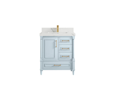 Aberdeen 30-inch Blue Heather single-sink bathroom vanity with Calacatta Laza quartz countertop and gold faucet, front view