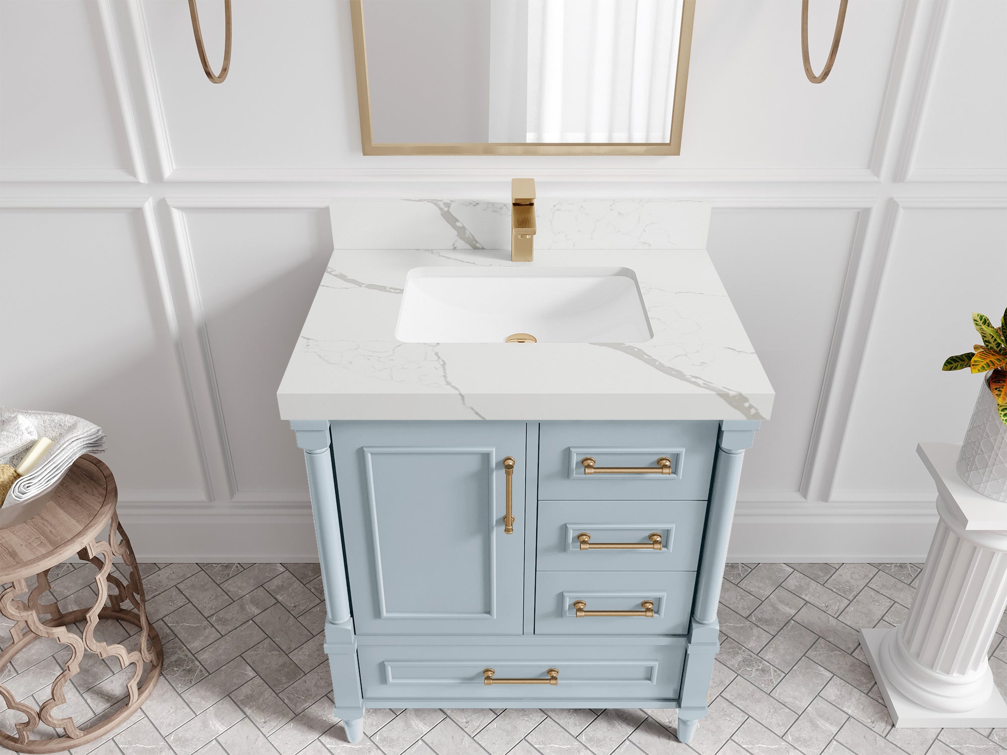 Aberdeen 30-inch Blue Heather single-sink bathroom vanity with Calacatta Laza quartz countertop, angled top view