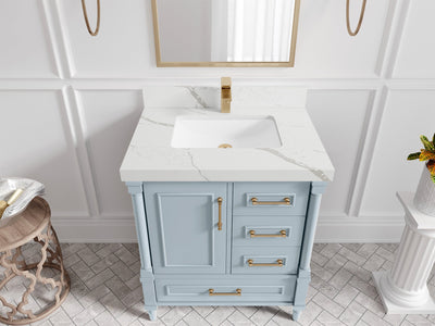 Aberdeen 30-inch Blue Heather single-sink bathroom vanity with Calacatta Laza quartz countertop, angled top view