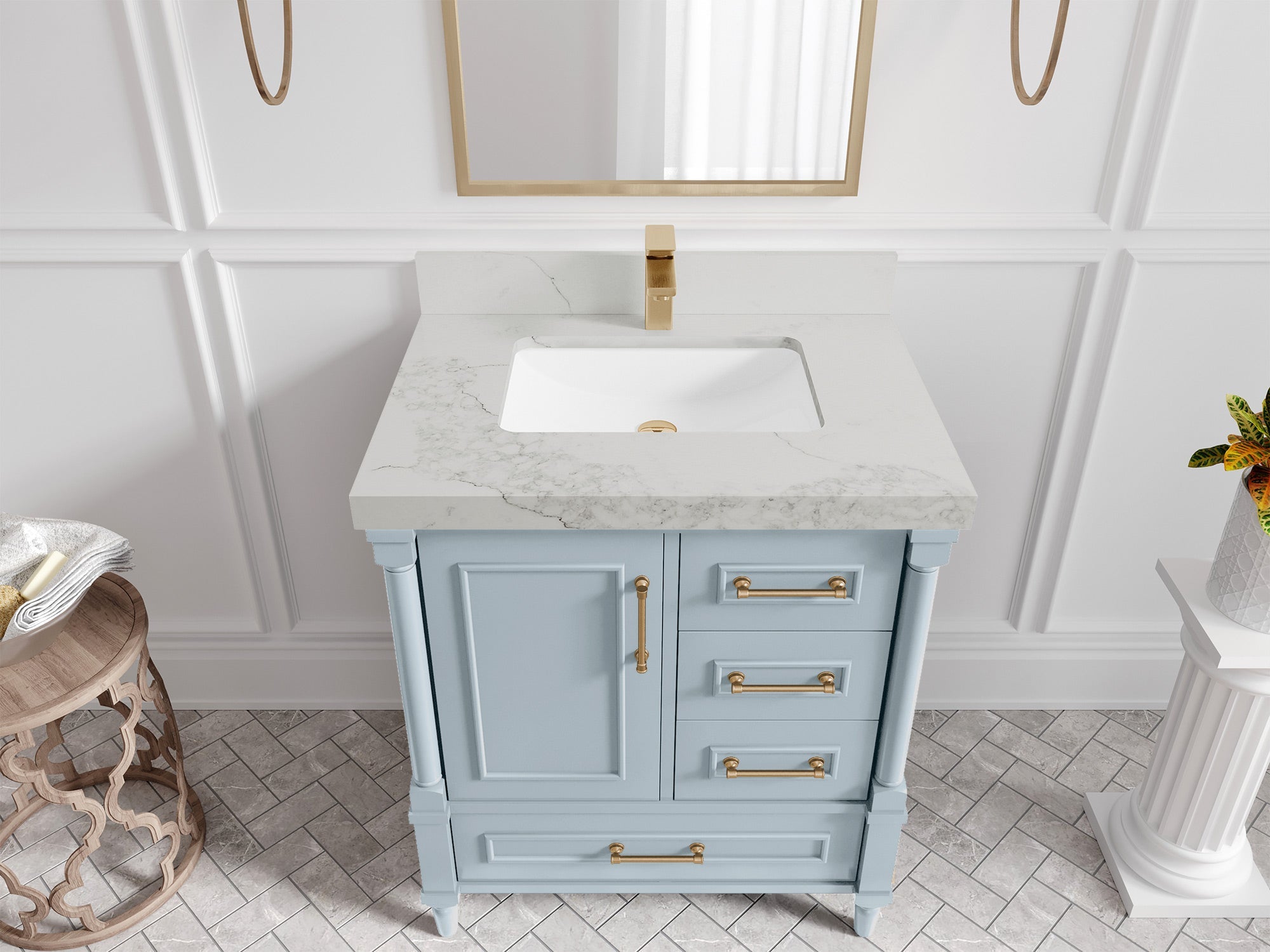 Aberdeen 30-inch Blue Heather single-sink bathroom vanity with Calacatta Nuvo quartz countertop, angled top view