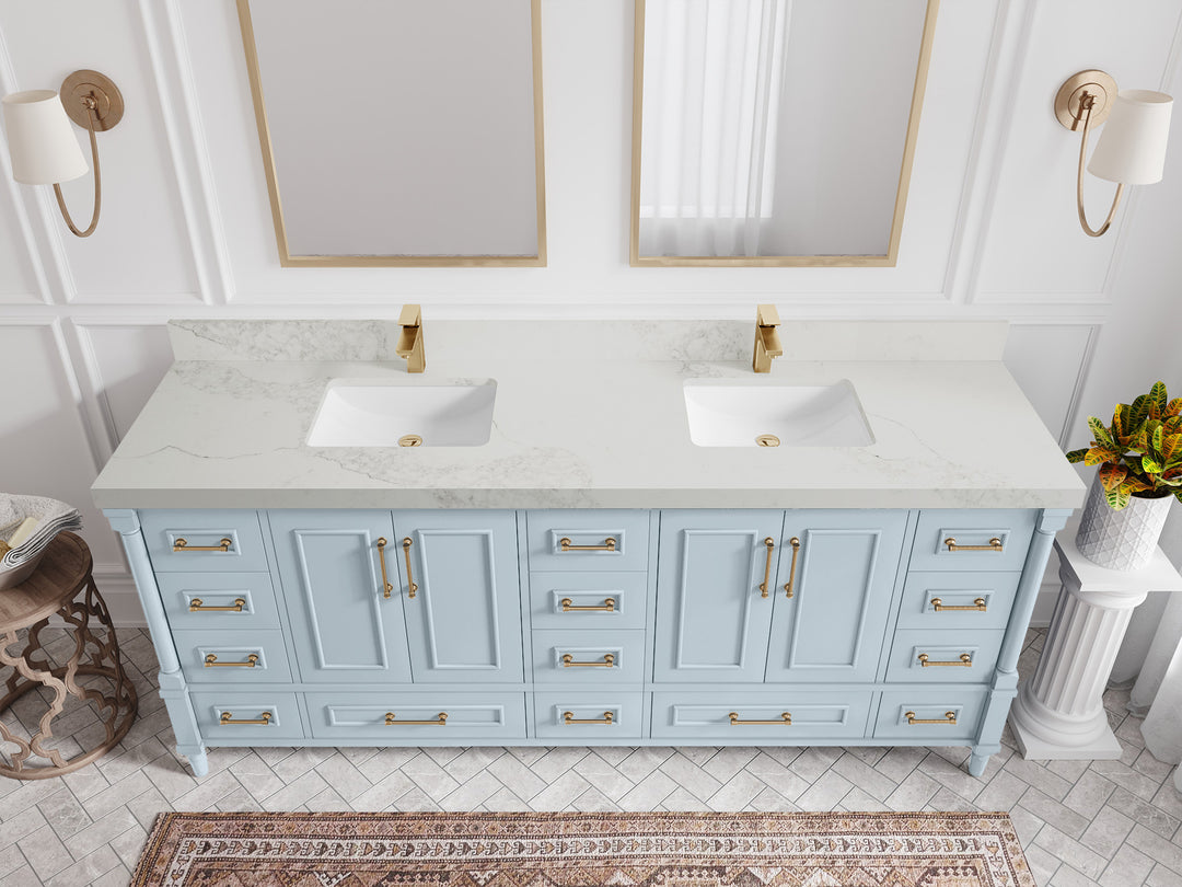 Aberdeen 80 in. W x 22 in. D Double Sink Bathroom Vanity in Blue Heather with 2 in. Calacatta Nuvo Quartz Countertop - Top View 