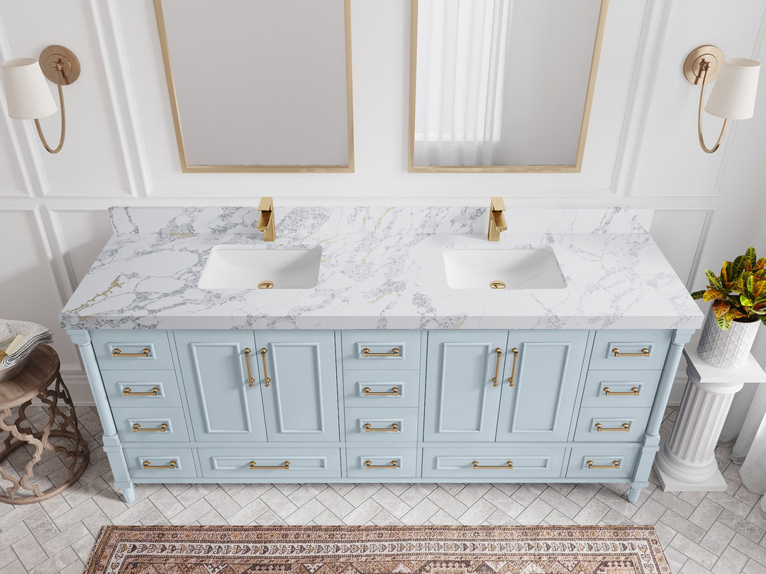 Aberdeen 80 in. W x 22 in. D Double Sink Bathroom Vanity in Blue Heather with 2 in. Calacatta Poanazzo Quartz Countertop - Top View 