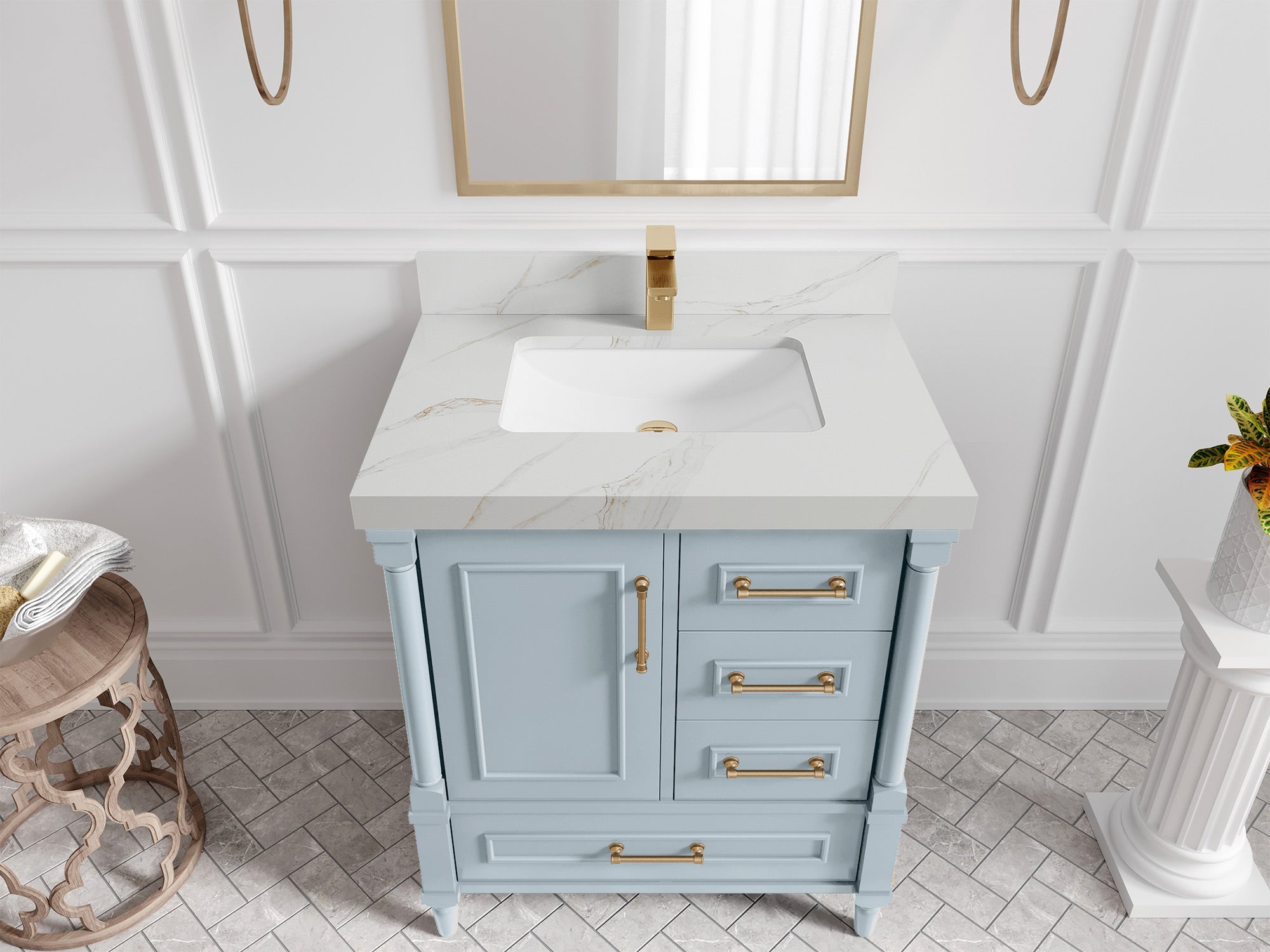 Aberdeen 30-inch Blue Heather single-sink bathroom vanity with Calacatta Sienna quartz countertop, angled top view