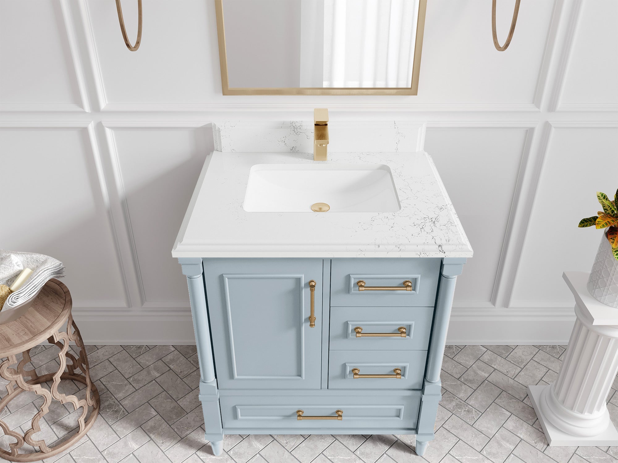 Aberdeen 30-inch Blue Heather single-sink bathroom vanity with DC Empira quartz countertop, angled top view